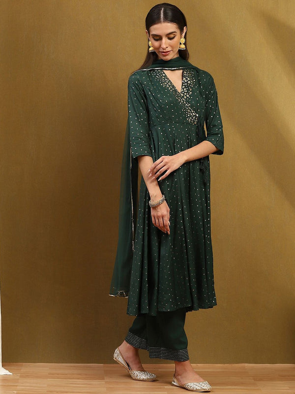 Ethnic Motifs Printed Mirror Work Anarkali Kurta With Palazzos & Dupatta
